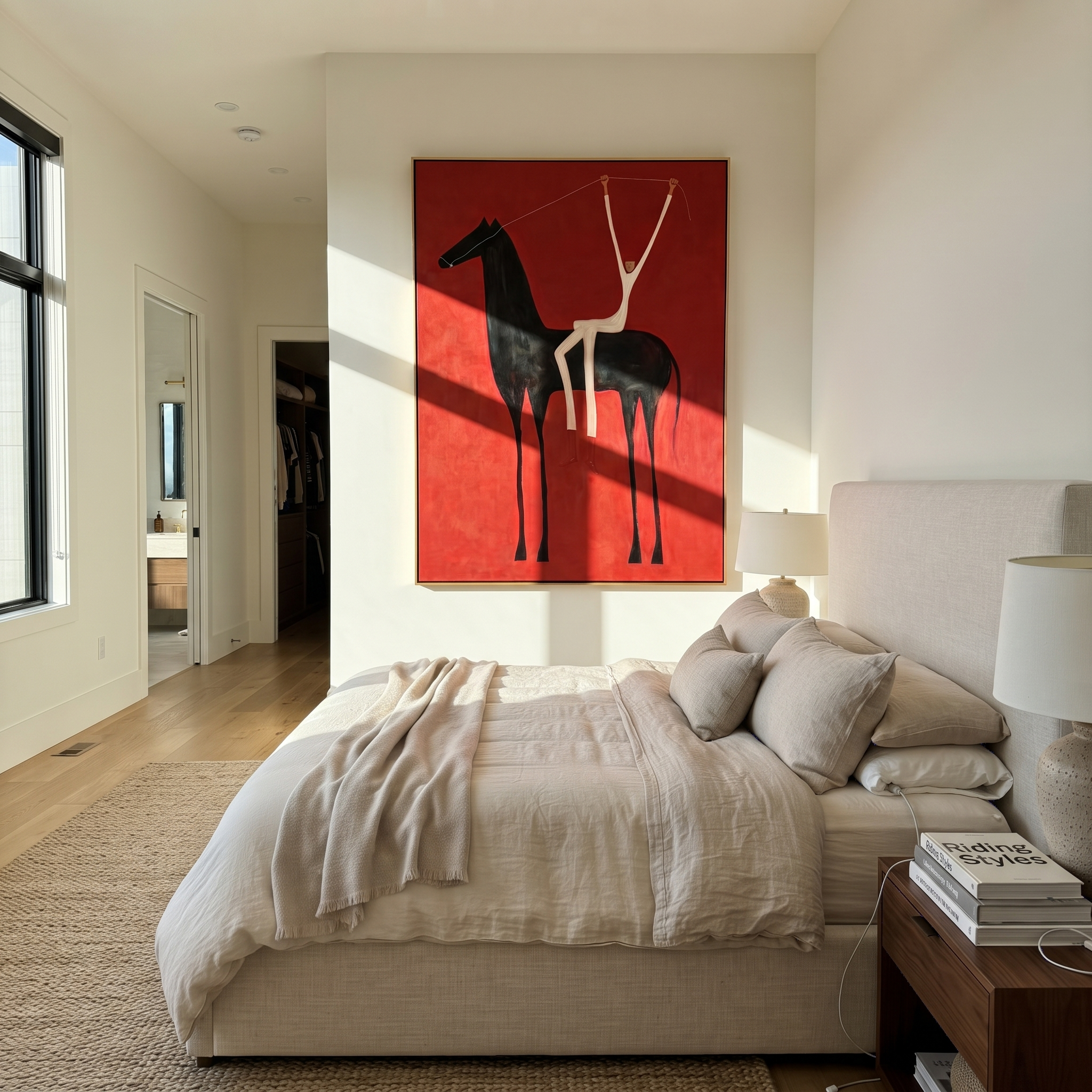 Quiet Reins Guard the Silence - symbolic horse and rider painting by Isabelle Laurent, modern Western vertical wall art – styled room scene view 4