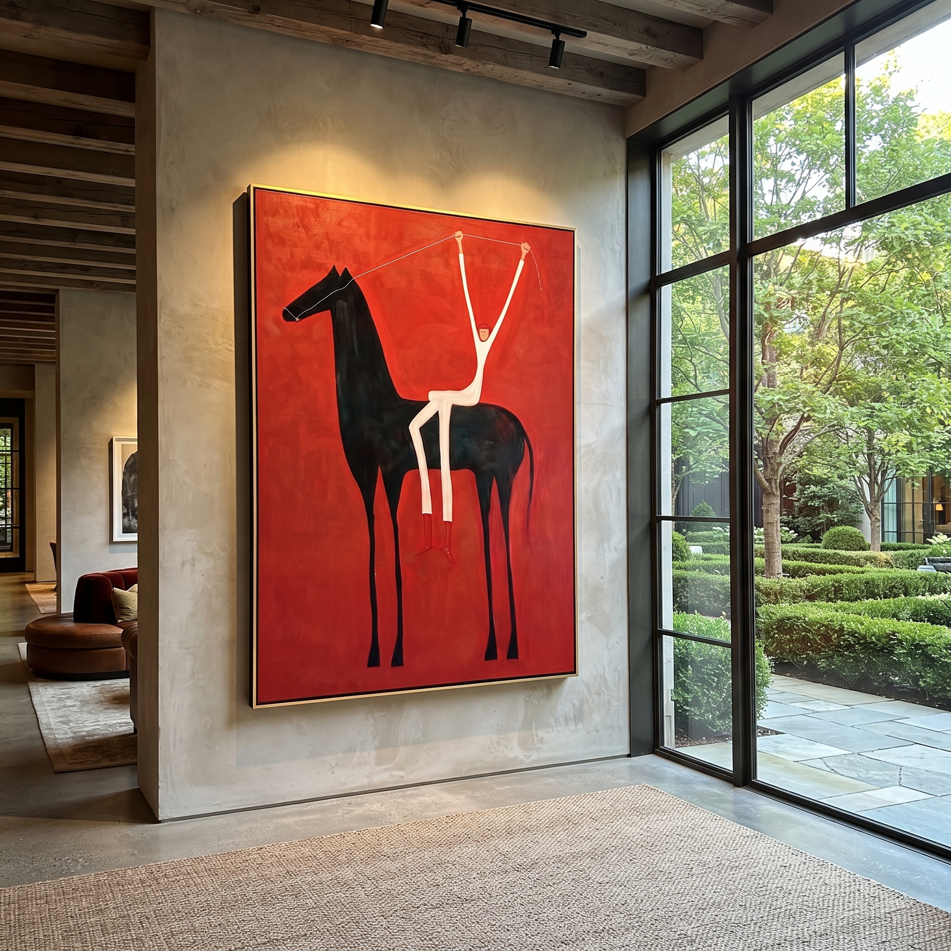 Quiet Reins Guard the Silence - symbolic horse and rider painting by Isabelle Laurent, modern Western vertical wall art – styled room scene view 5