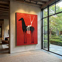Quiet Reins Guard the Silence - symbolic horse and rider painting by Isabelle Laurent, modern Western vertical wall art – styled room scene view 5
