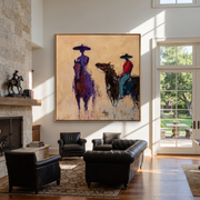 Painted Saddle Guard the Silence - expressive equestrian painting by Isabelle Laurent, modern Western square wall art – styled room scene view 1