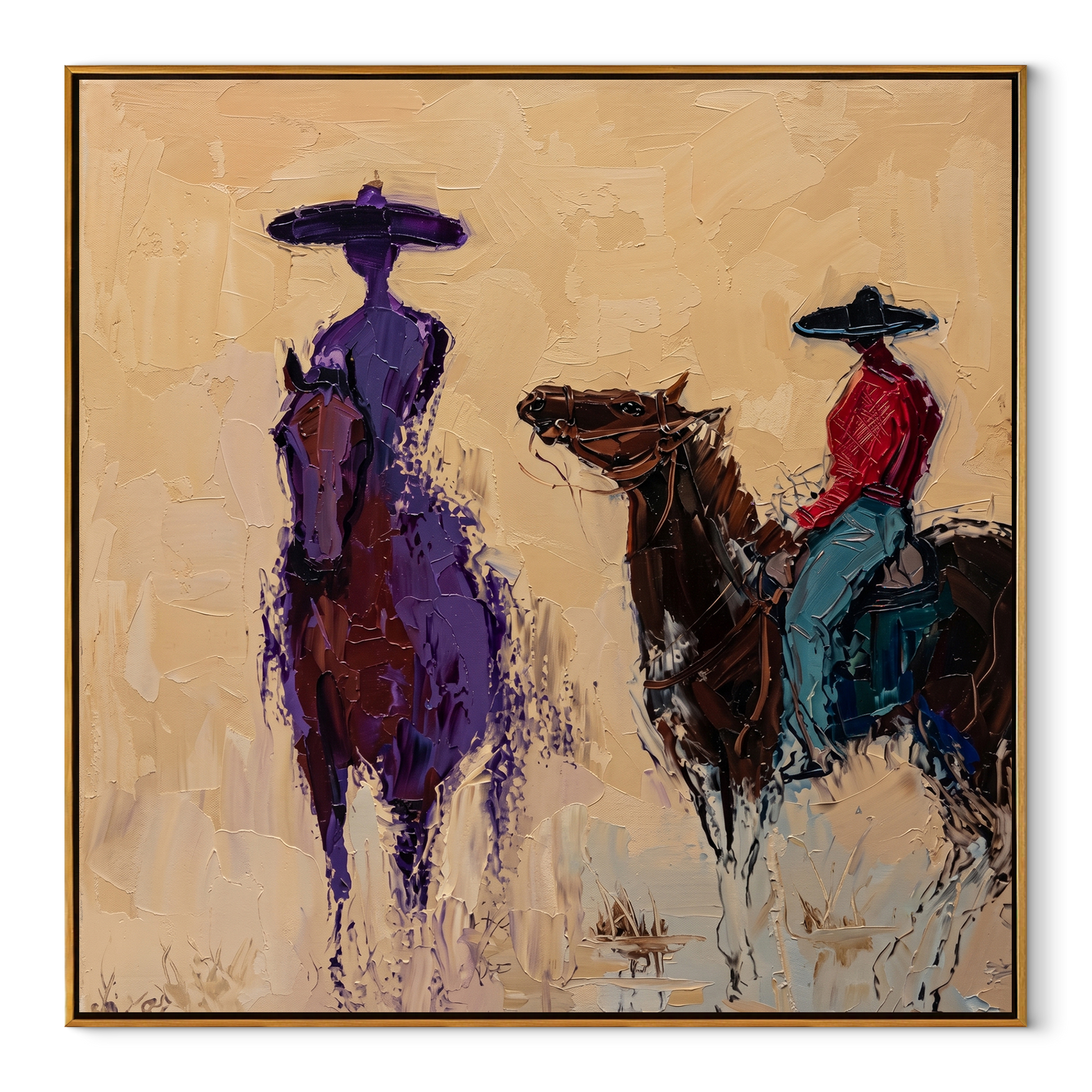 Painted Saddle Guard the Silence - expressive equestrian painting by Isabelle Laurent, modern Western square wall art – wood frame on white background