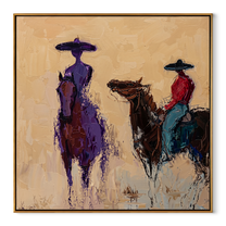Painted Saddle Guard the Silence - expressive equestrian painting by Isabelle Laurent, modern Western square wall art – wood frame on white background