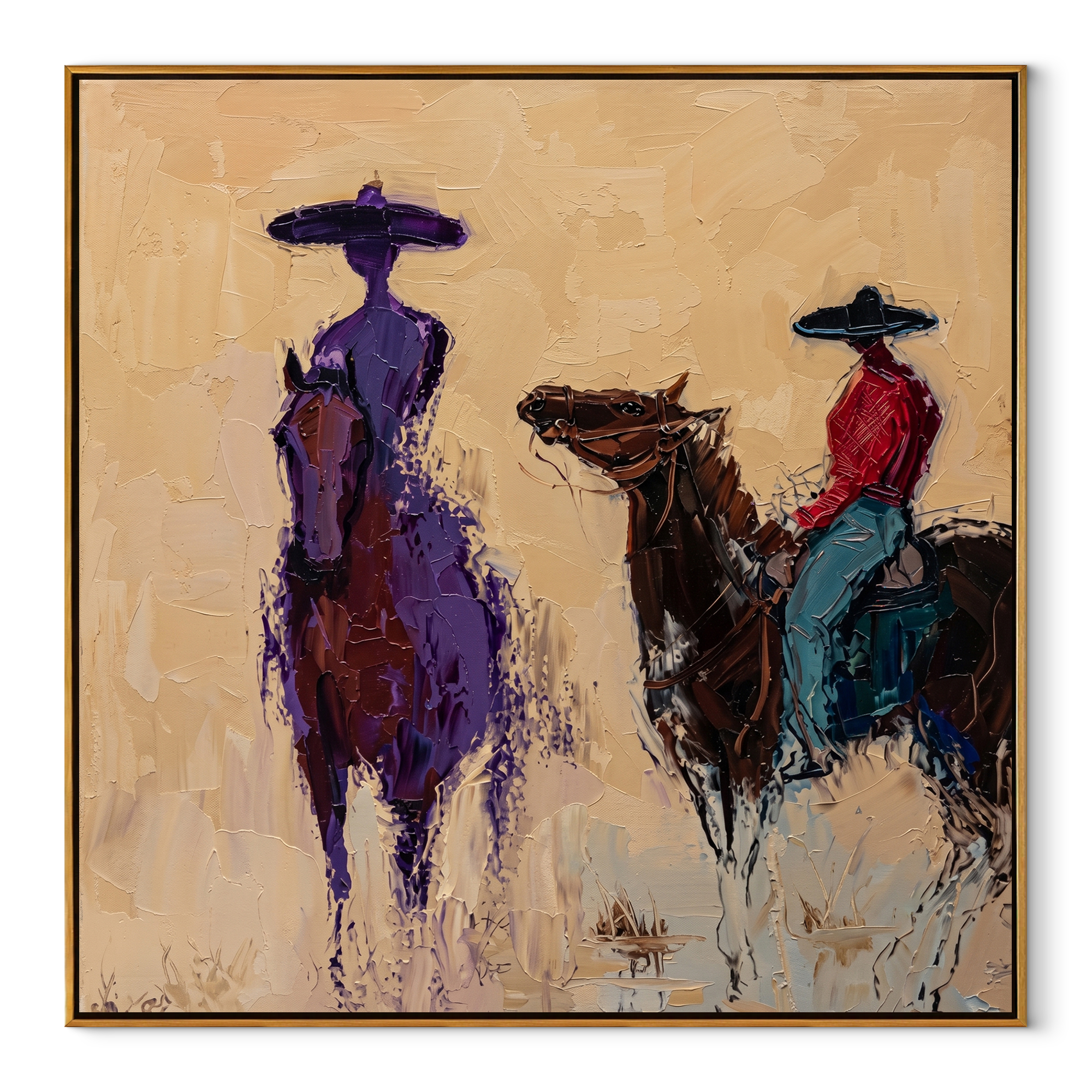 Painted Saddle Guard the Silence - expressive equestrian painting by Isabelle Laurent, modern Western square wall art – wood frame on white background