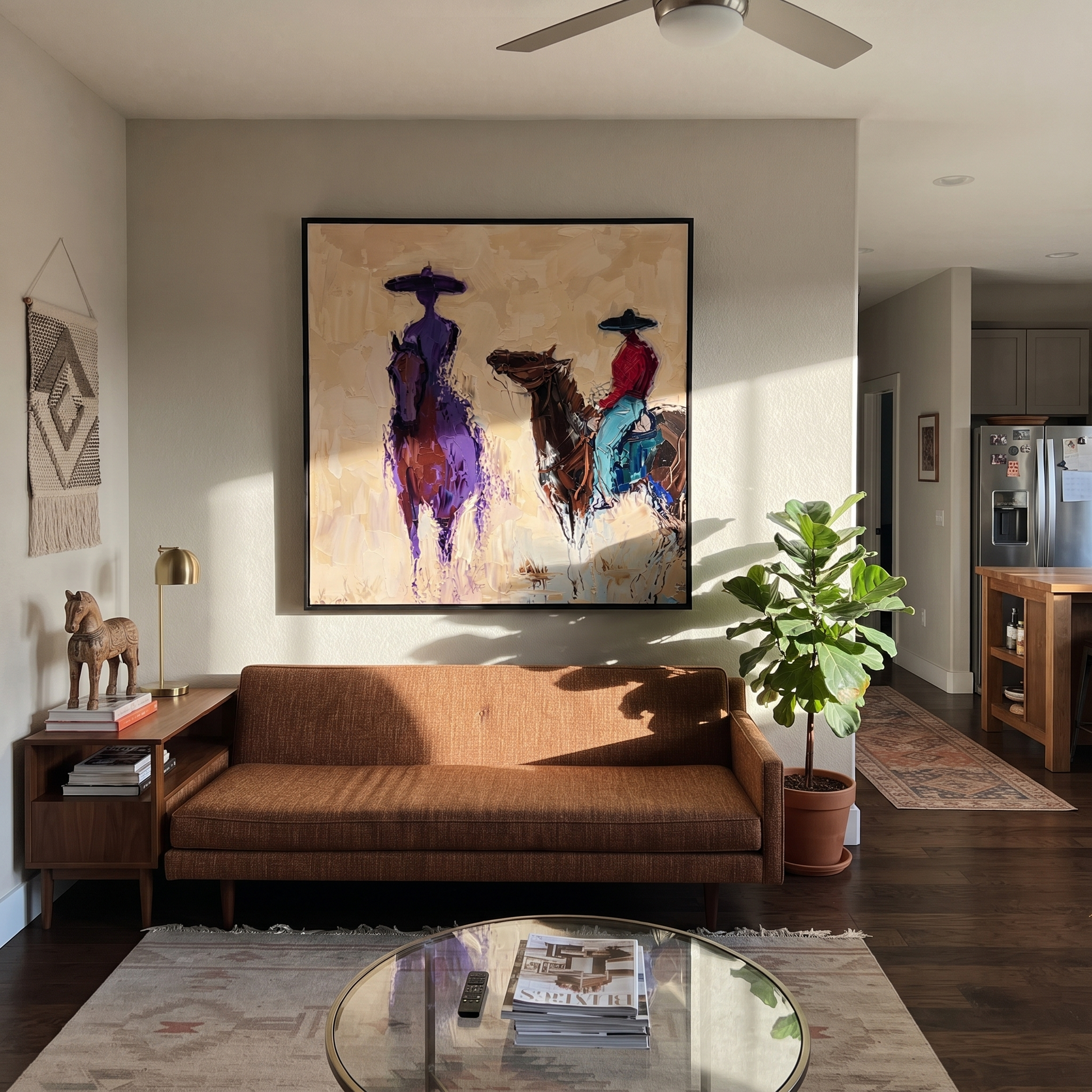 Painted Saddle Guard the Silence - expressive equestrian painting by Isabelle Laurent, modern Western square wall art – styled room scene view 2