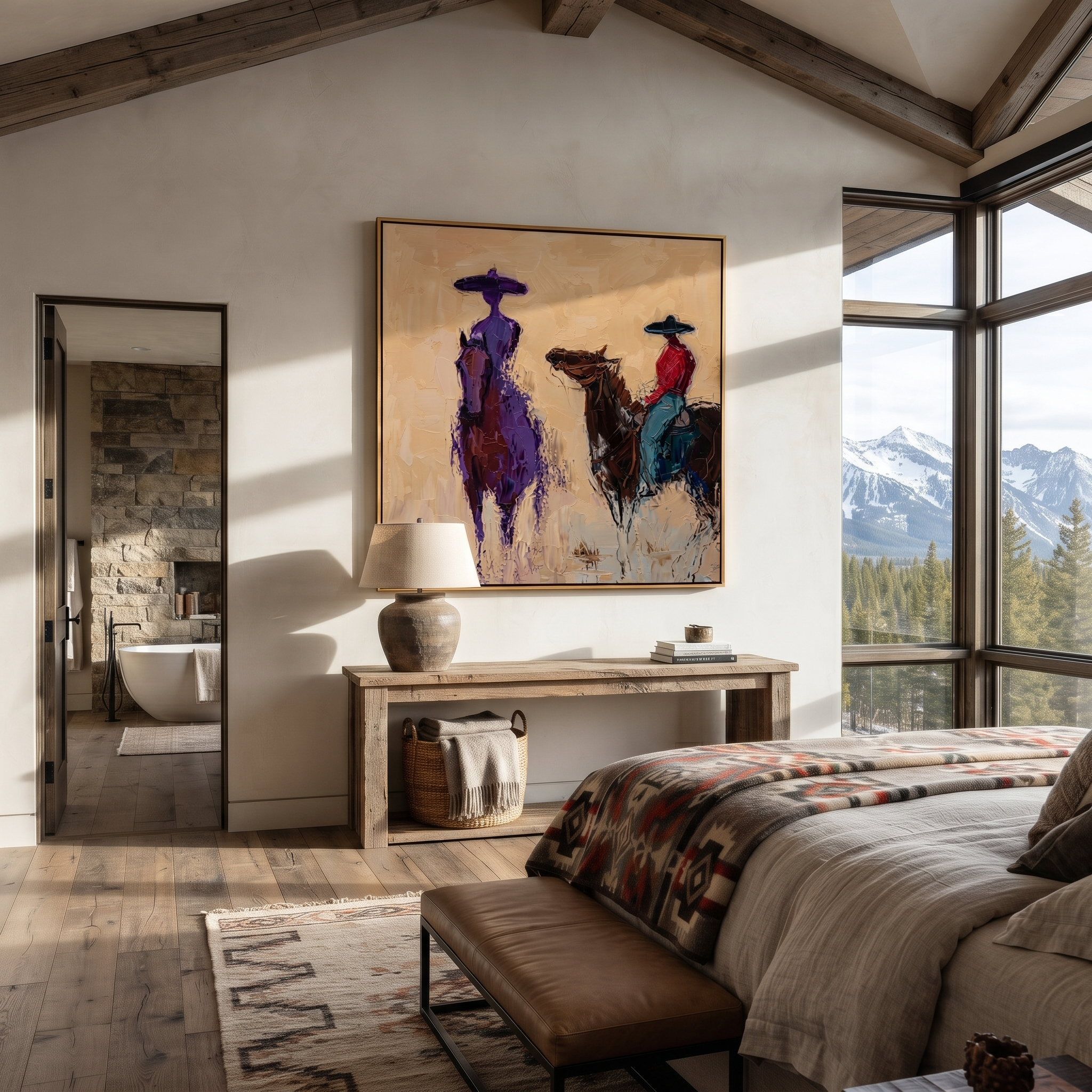 Painted Saddle Guard the Silence - expressive equestrian painting by Isabelle Laurent, modern Western square wall art – styled room scene view 3