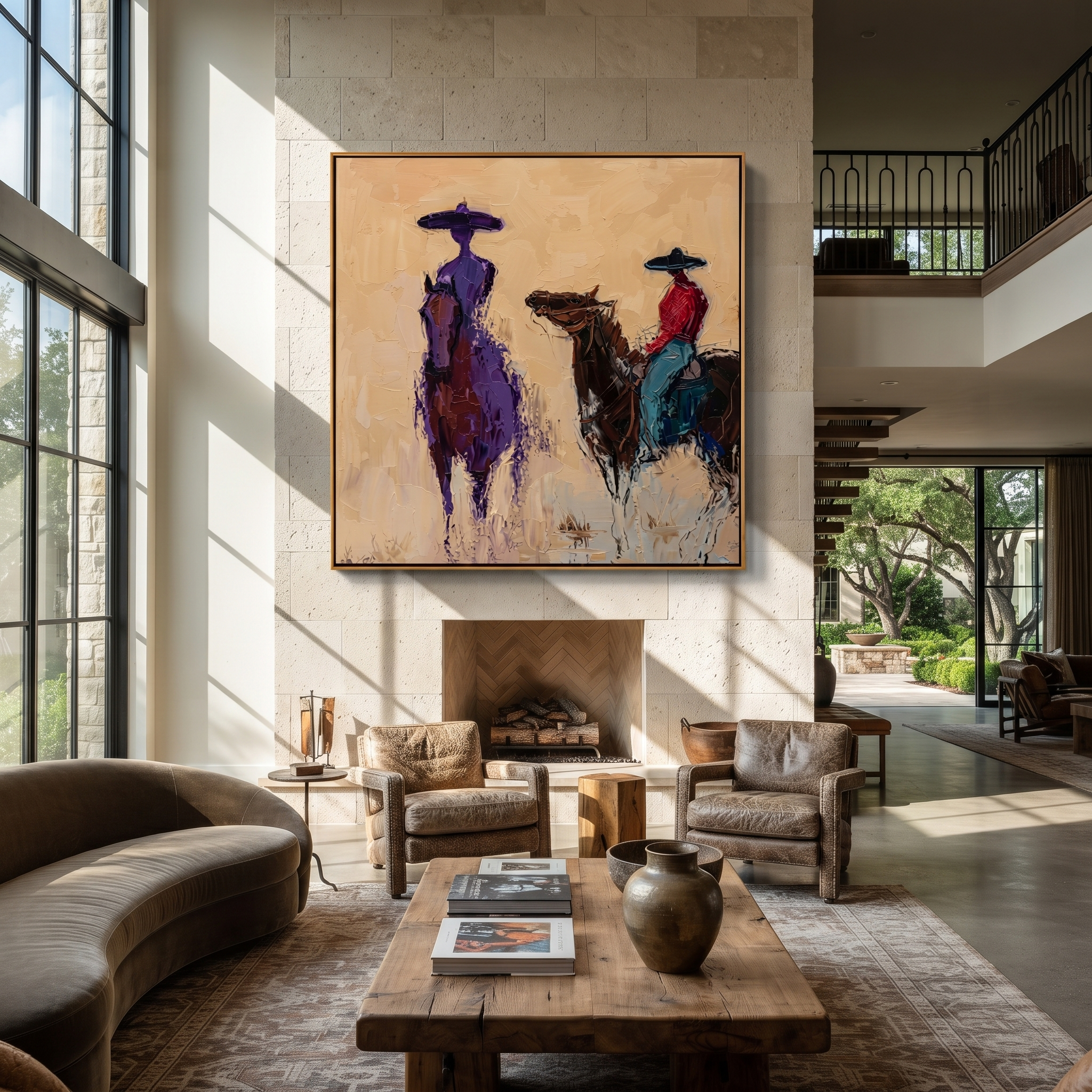 Painted Saddle Guard the Silence - expressive equestrian painting by Isabelle Laurent, modern Western square wall art – styled room scene view 4