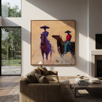 Painted Saddle Guard the Silence - expressive equestrian painting by Isabelle Laurent, modern Western square wall art – styled room scene view 5