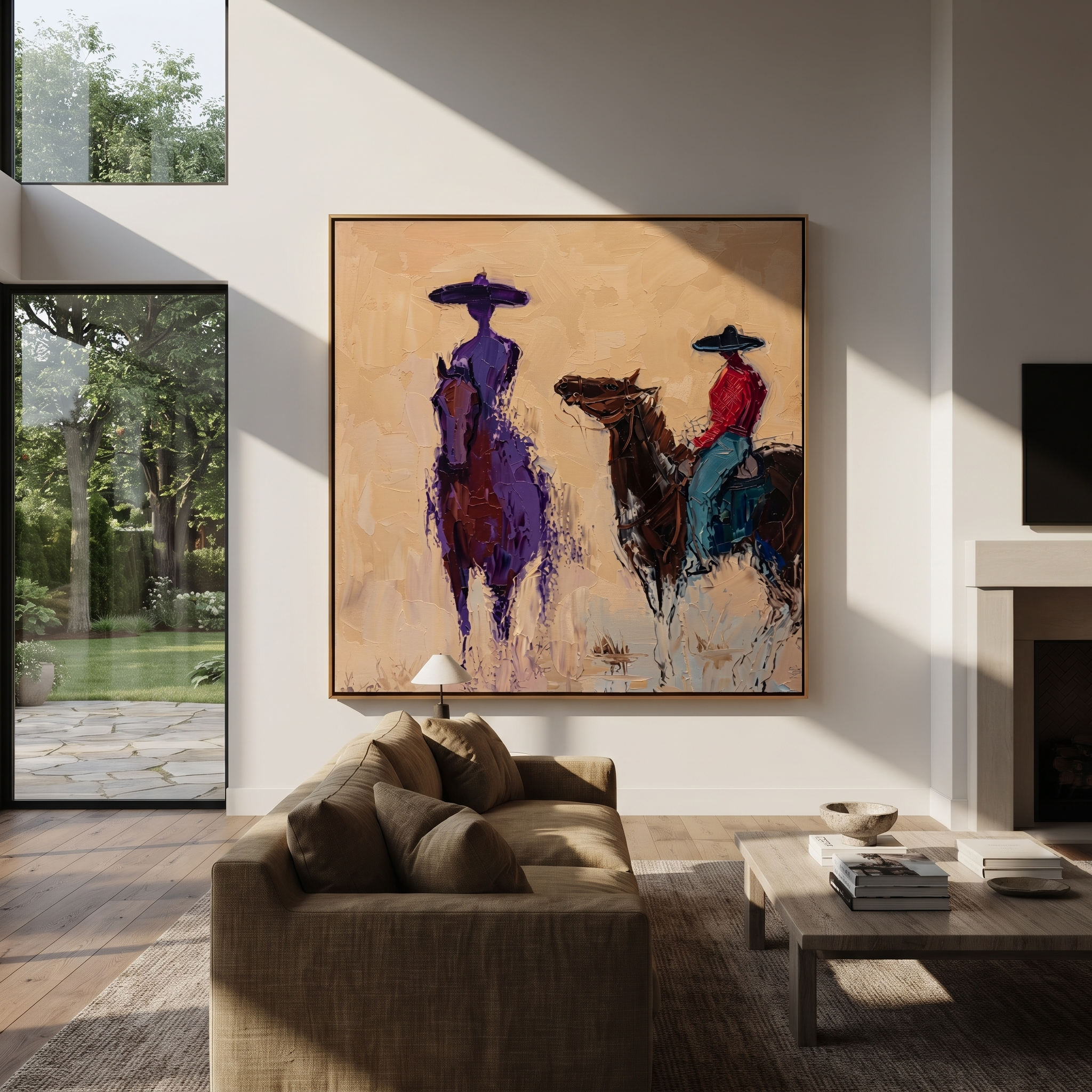 Painted Saddle Guard the Silence - expressive equestrian painting by Isabelle Laurent, modern Western square wall art – styled room scene view 5