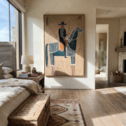 Long Mane Guard the Silence - horse and rider painting by Isabelle Laurent, modern Western vertical wall art – styled room scene view 1