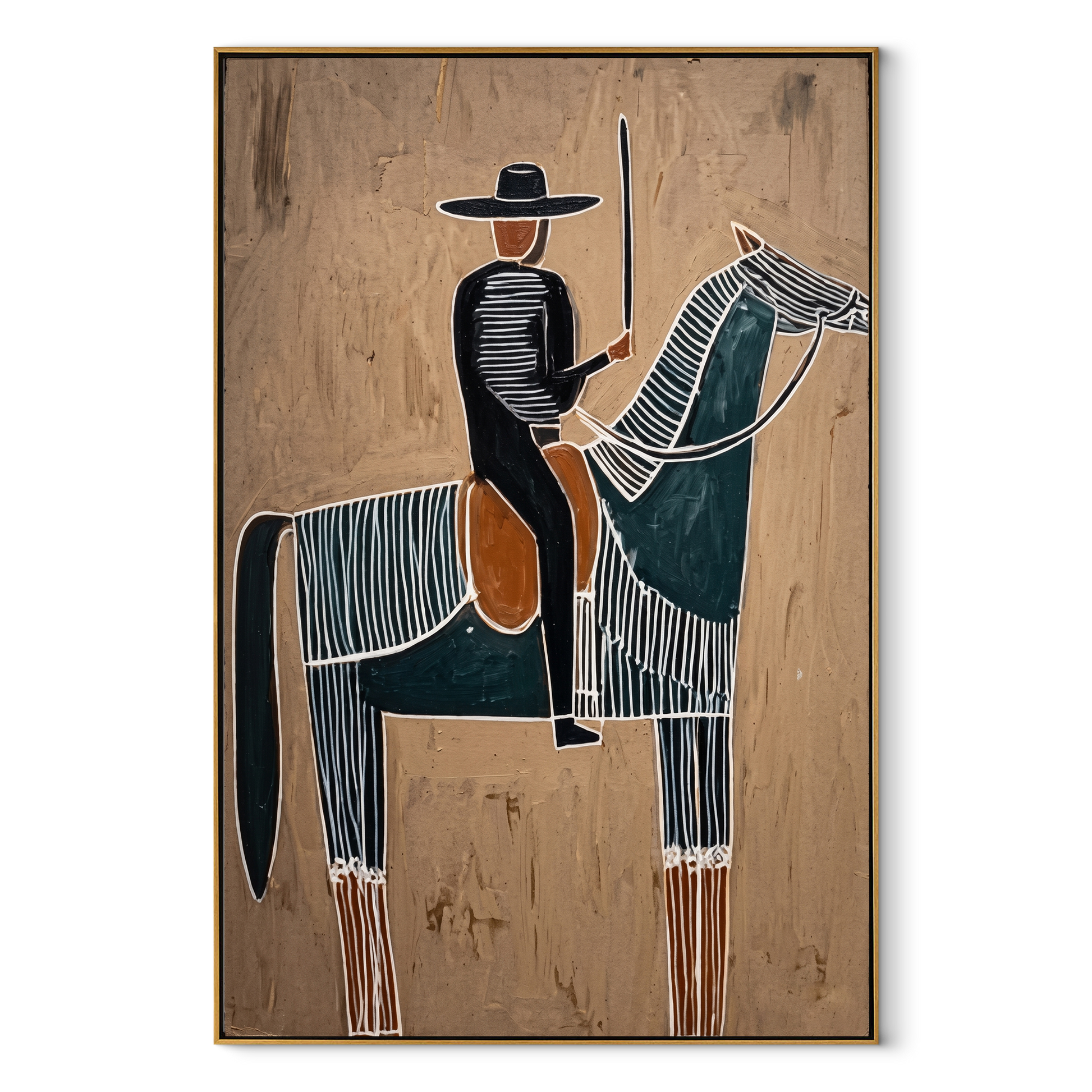 Long Mane Guard the Silence - horse and rider painting by Isabelle Laurent, modern Western vertical wall art – wood frame on white background
