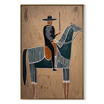 Long Mane Guard the Silence - horse and rider painting by Isabelle Laurent, modern Western vertical wall art – wood frame on white background