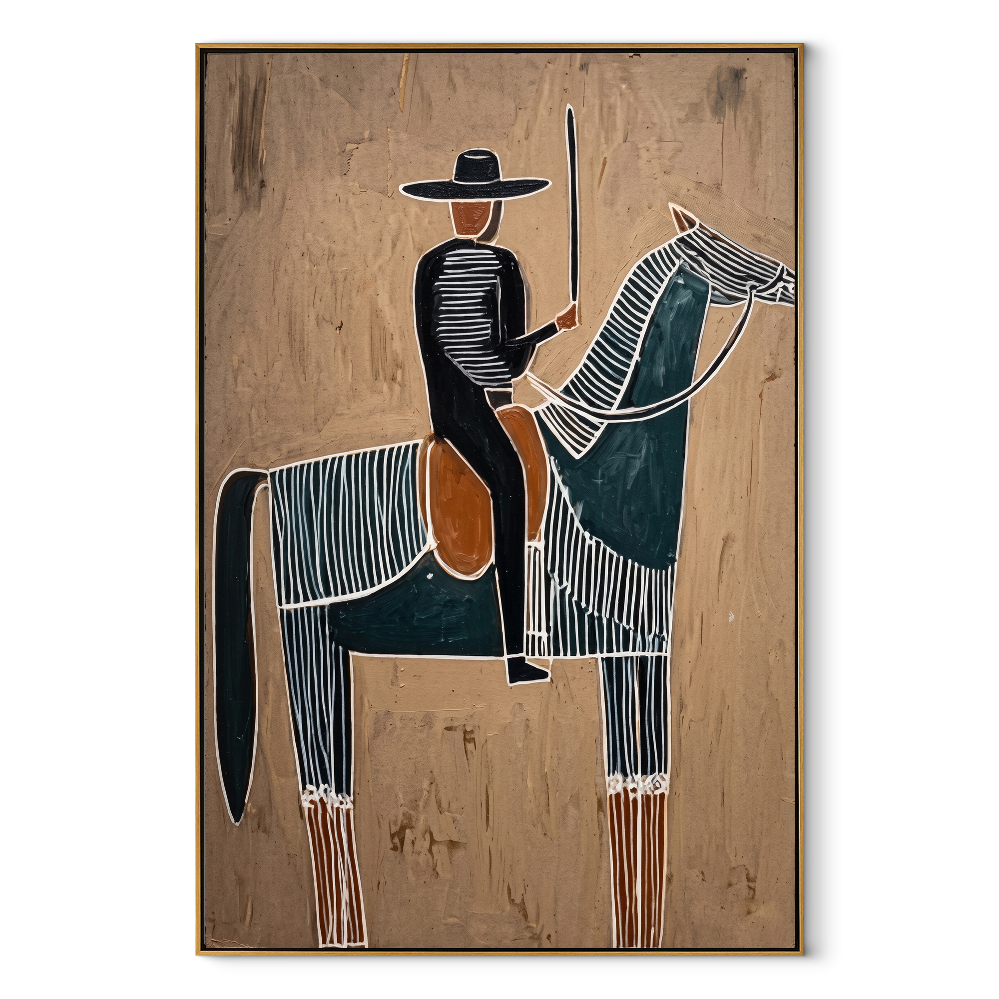Long Mane Guard the Silence - horse and rider painting by Isabelle Laurent, modern Western vertical wall art – wood frame on white background