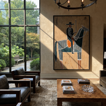 Long Mane Guard the Silence - horse and rider painting by Isabelle Laurent, modern Western vertical wall art – styled room scene view 2