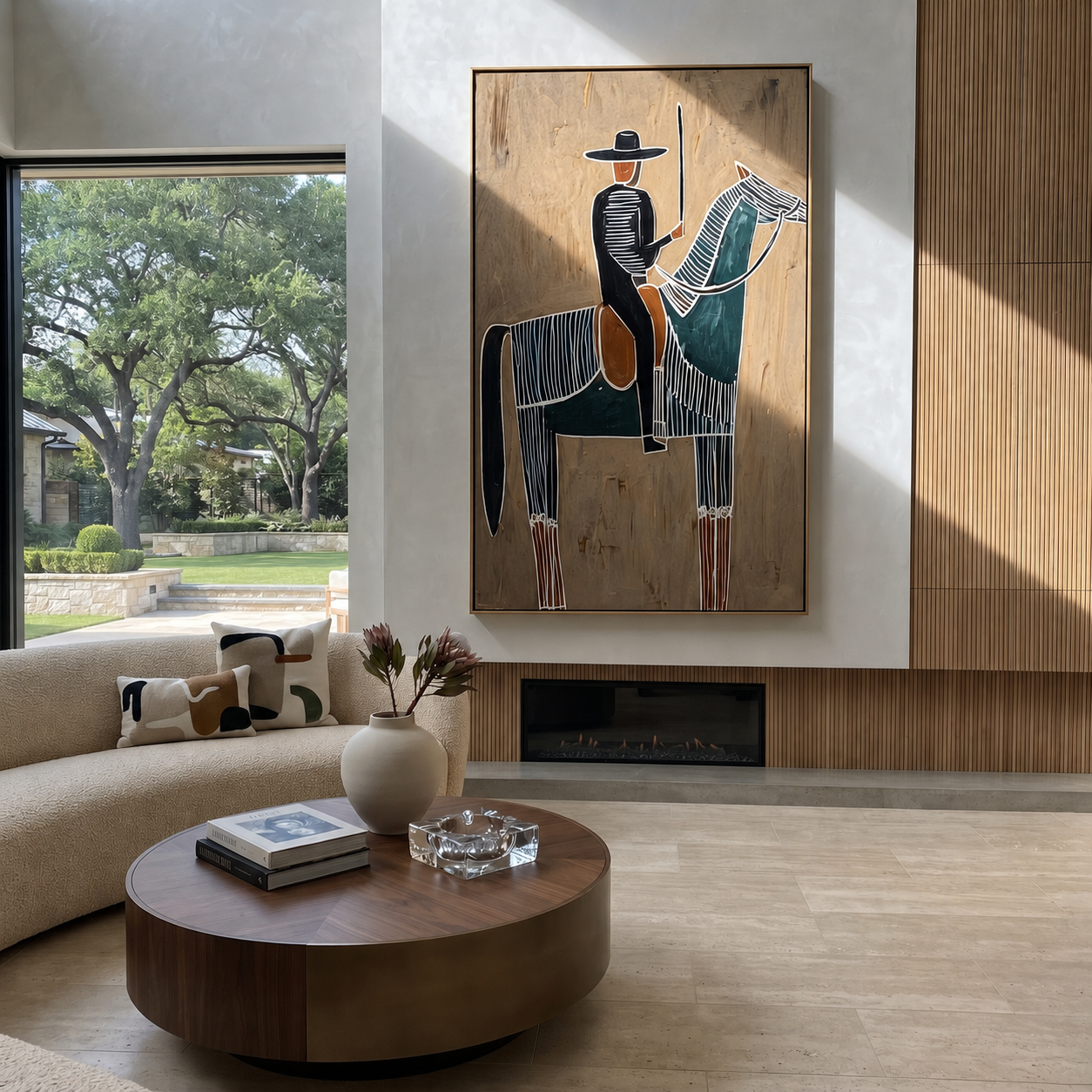 Long Mane Guard the Silence - horse and rider painting by Isabelle Laurent, modern Western vertical wall art – styled room scene view 3