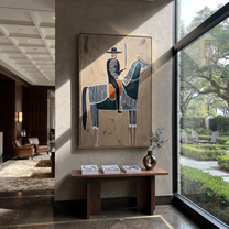 Long Mane Guard the Silence - horse and rider painting by Isabelle Laurent, modern Western vertical wall art – styled room scene view 4