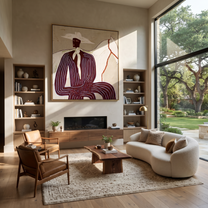 Western Stars Guard the Silence - figure and horse painting by Isabelle Laurent, modern Western square wall art – styled room scene view 1