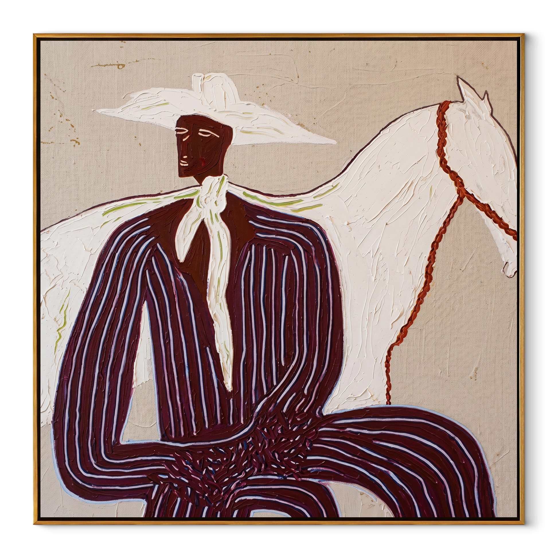 Western Stars Guard the Silence - figure and horse painting by Isabelle Laurent, modern Western square wall art – wood frame on white background