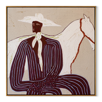 Western Stars Guard the Silence - figure and horse painting by Isabelle Laurent, modern Western square wall art – wood frame on white background