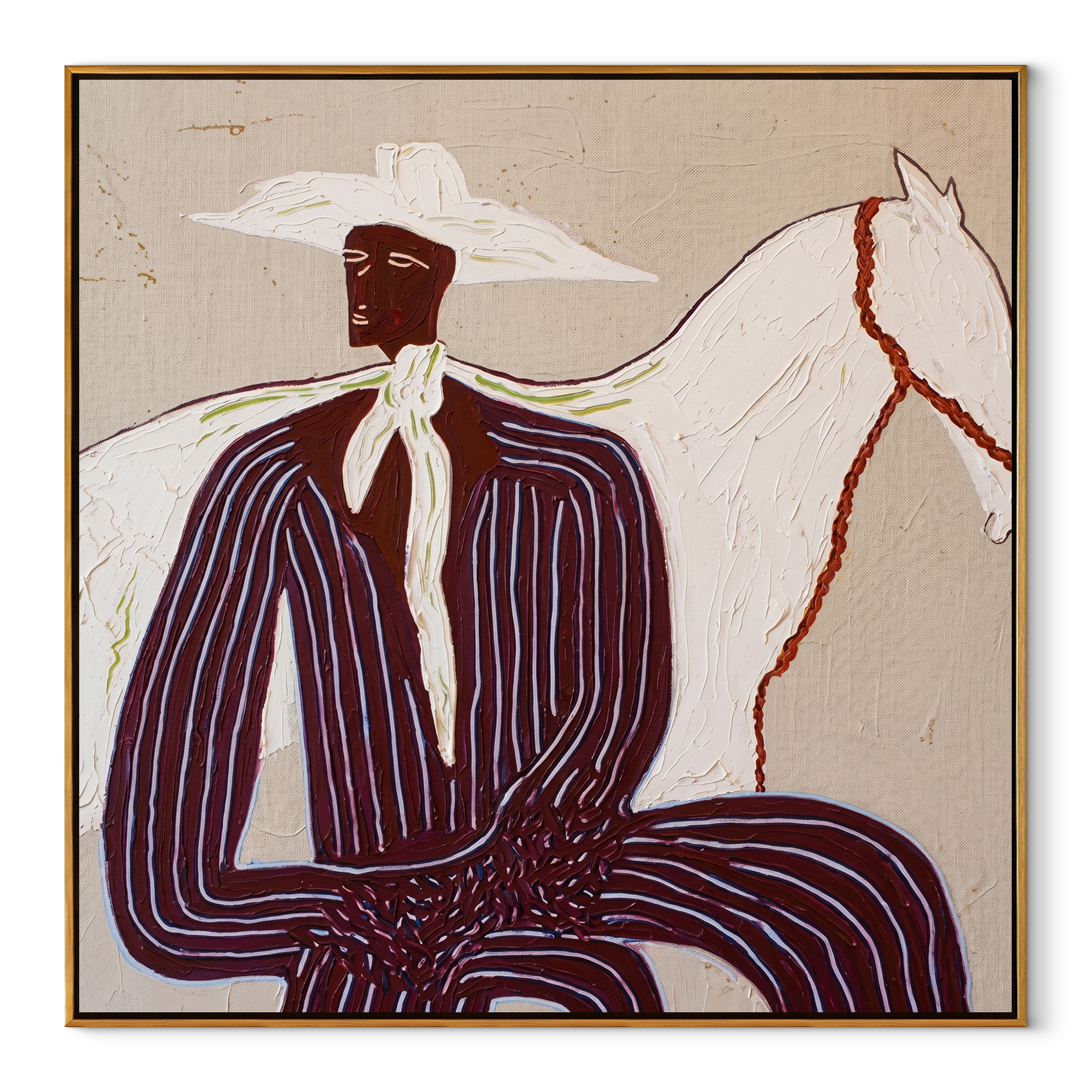 Western Stars Guard the Silence - figure and horse painting by Isabelle Laurent, modern Western square wall art – wood frame on white background