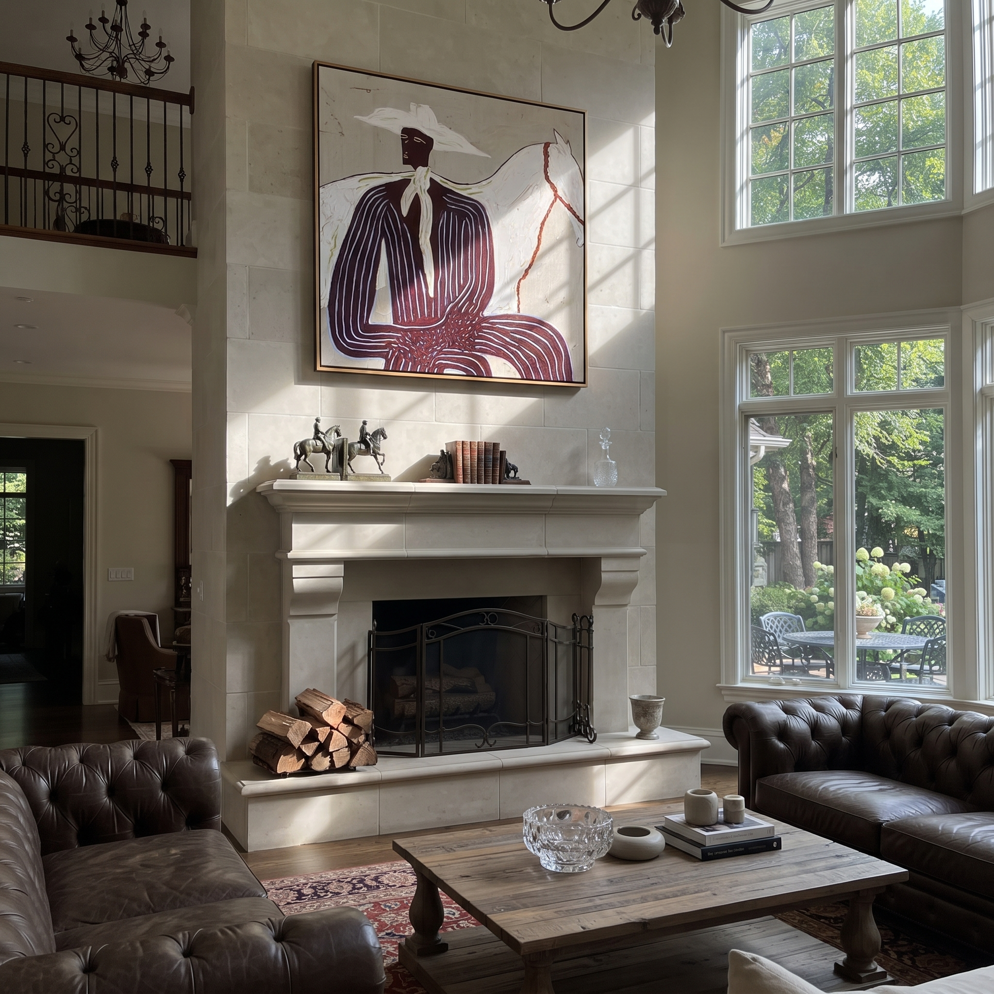 Western Stars Guard the Silence - figure and horse painting by Isabelle Laurent, modern Western square wall art – styled room scene view 2