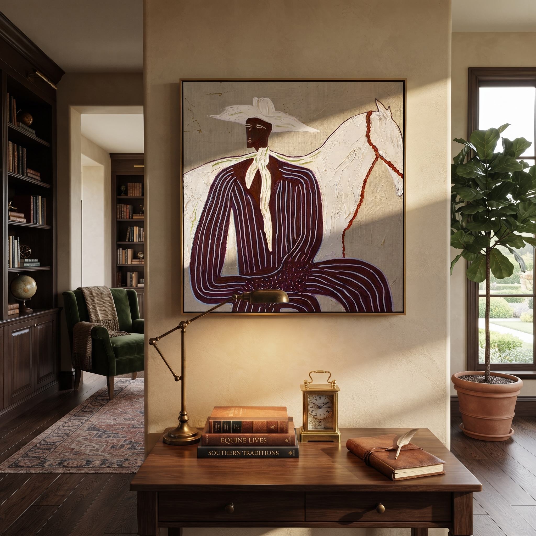 Western Stars Guard the Silence - figure and horse painting by Isabelle Laurent, modern Western square wall art – styled room scene view 3