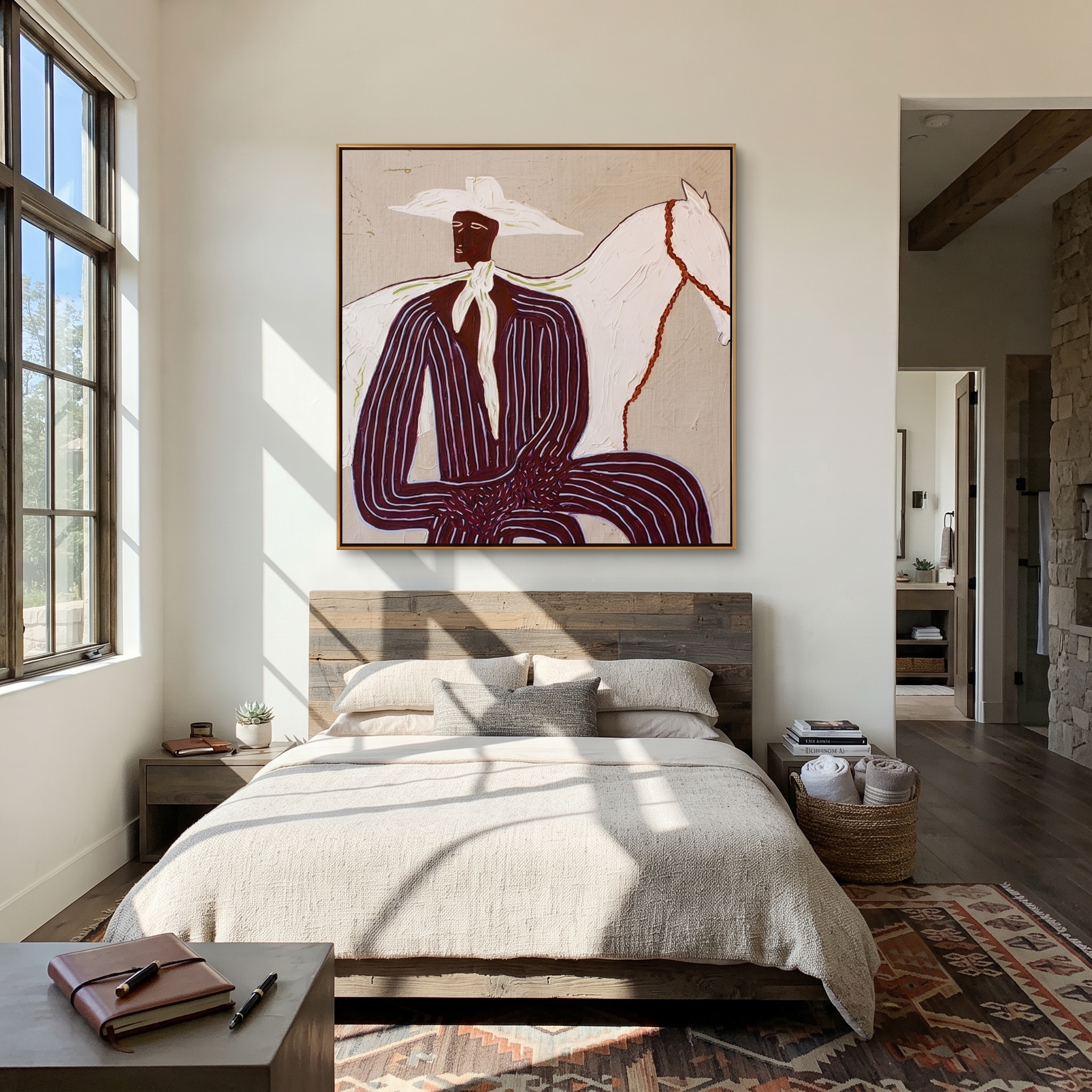 Western Stars Guard the Silence - figure and horse painting by Isabelle Laurent, modern Western square wall art – styled room scene view 4