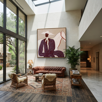 Western Stars Guard the Silence - figure and horse painting by Isabelle Laurent, modern Western square wall art – styled room scene view 5