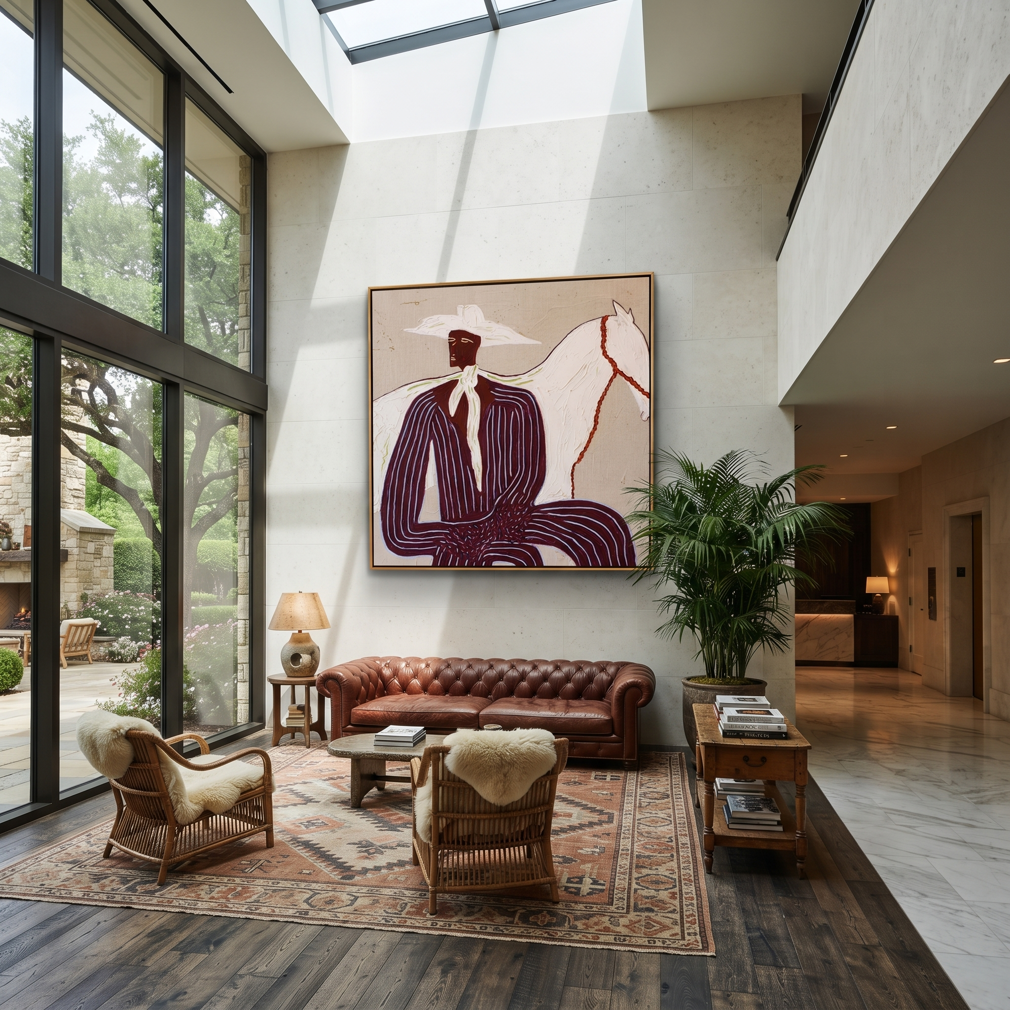 Western Stars Guard the Silence - figure and horse painting by Isabelle Laurent, modern Western square wall art – styled room scene view 5