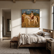 Gentle Strength Guard the Silence - horse and rider painting by Isabelle Laurent, modern Western square wall art – styled room scene view 1