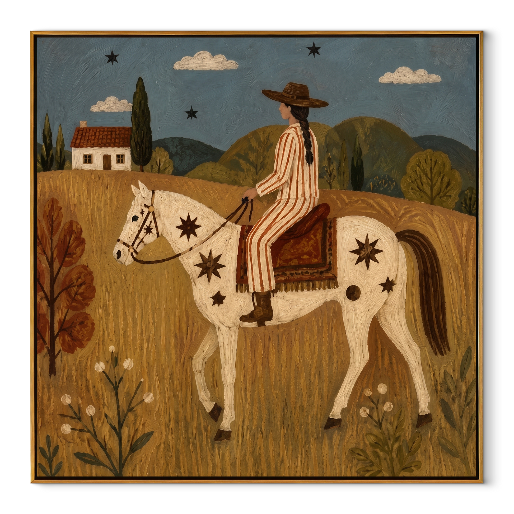 Gentle Strength Guard the Silence - horse and rider painting by Isabelle Laurent, modern Western square wall art – wood frame on white background