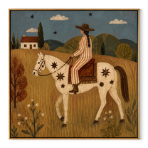 Gentle Strength Guard the Silence - horse and rider painting by Isabelle Laurent, modern Western square wall art – wood frame on white background