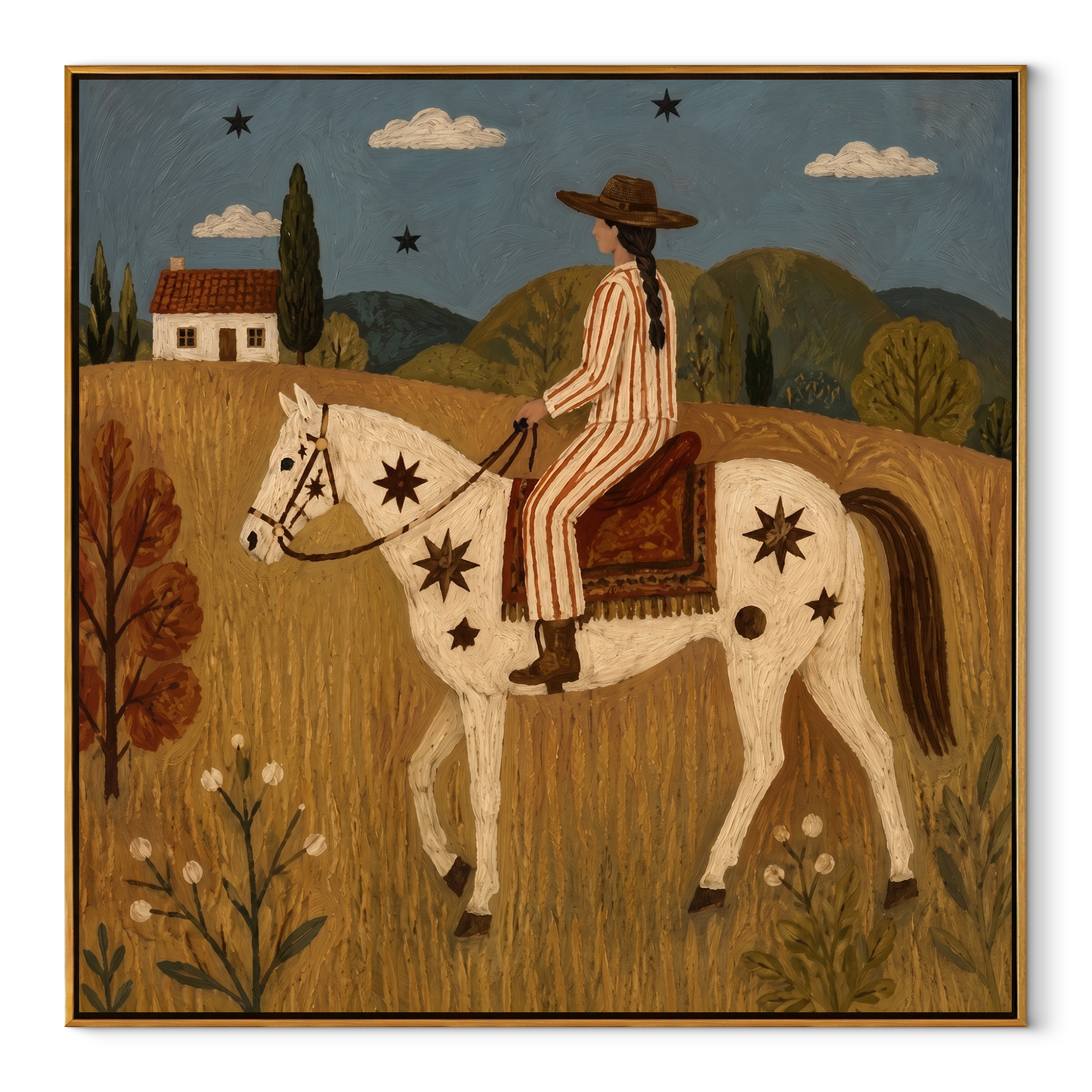Gentle Strength Guard the Silence - horse and rider painting by Isabelle Laurent, modern Western square wall art – wood frame on white background