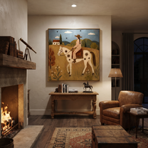Gentle Strength Guard the Silence - horse and rider painting by Isabelle Laurent, modern Western square wall art – styled room scene view 2