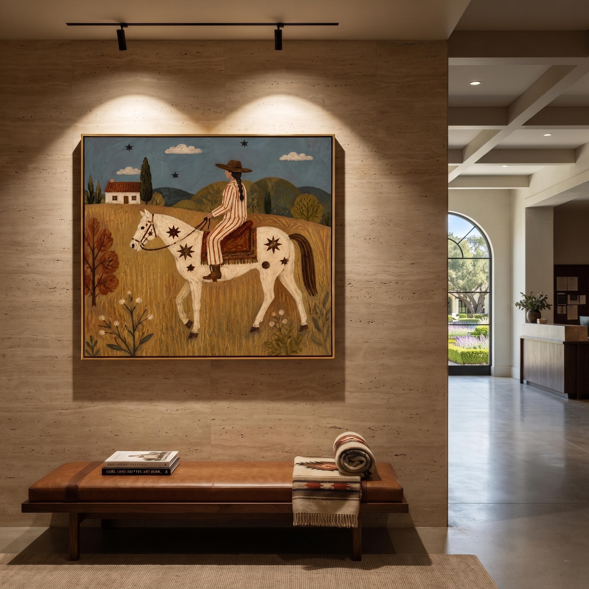 Gentle Strength Guard the Silence - horse and rider painting by Isabelle Laurent, modern Western square wall art – styled room scene view 3