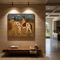 Gentle Strength Guard the Silence - horse and rider painting by Isabelle Laurent, modern Western square wall art – styled room scene view 3