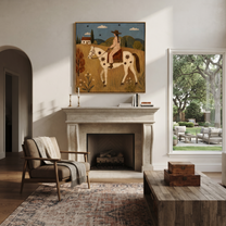 Gentle Strength Guard the Silence - horse and rider painting by Isabelle Laurent, modern Western square wall art – styled room scene view 4