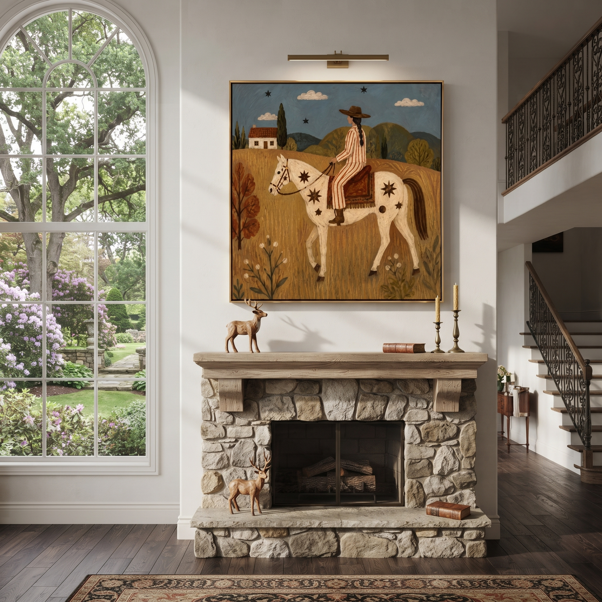 Gentle Strength Guard the Silence - horse and rider painting by Isabelle Laurent, modern Western square wall art – styled room scene view 5