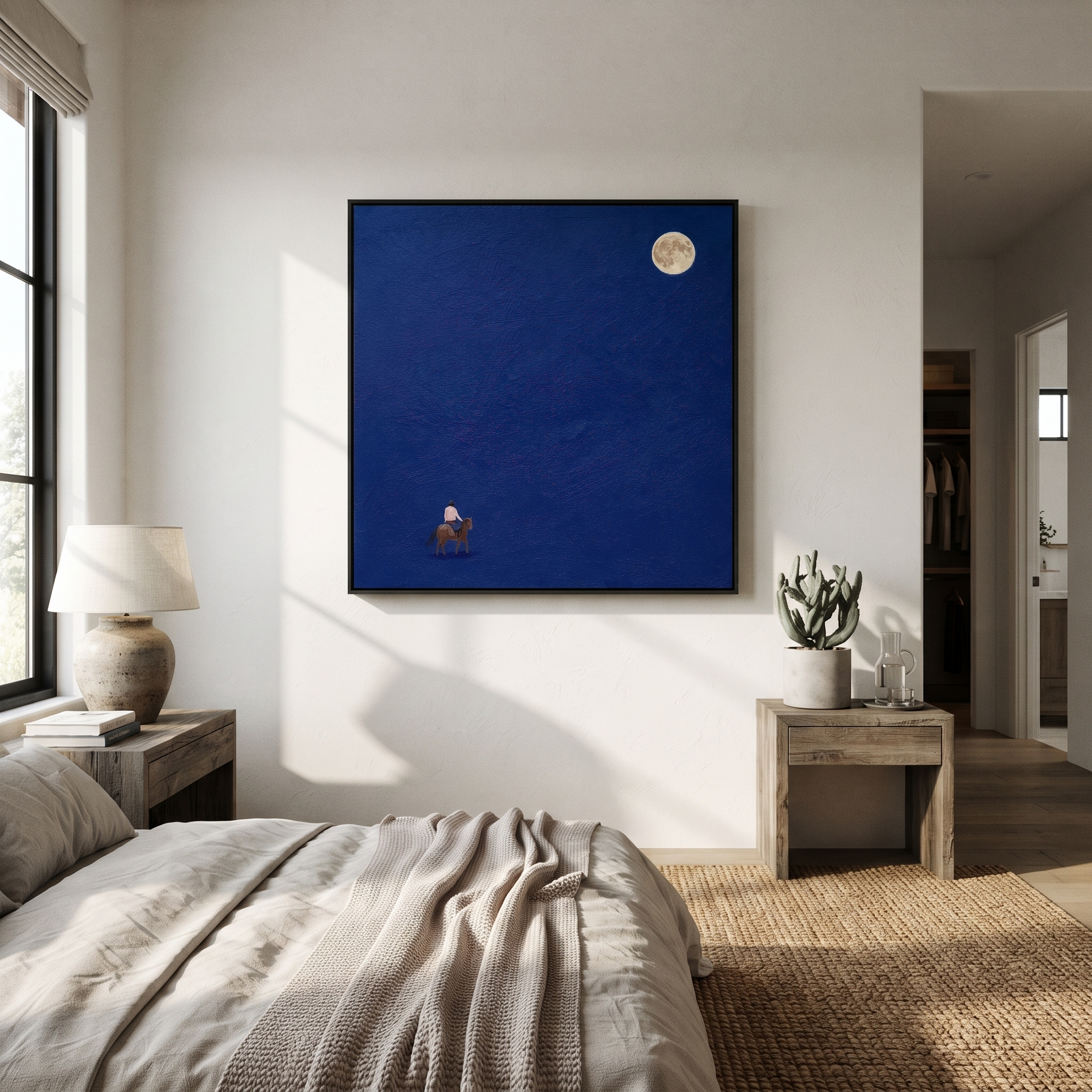 Desert Rhythm Guard the Silence - symbolic horse and rider painting by Isabelle Laurent, modern Western square wall art – styled room scene view 1