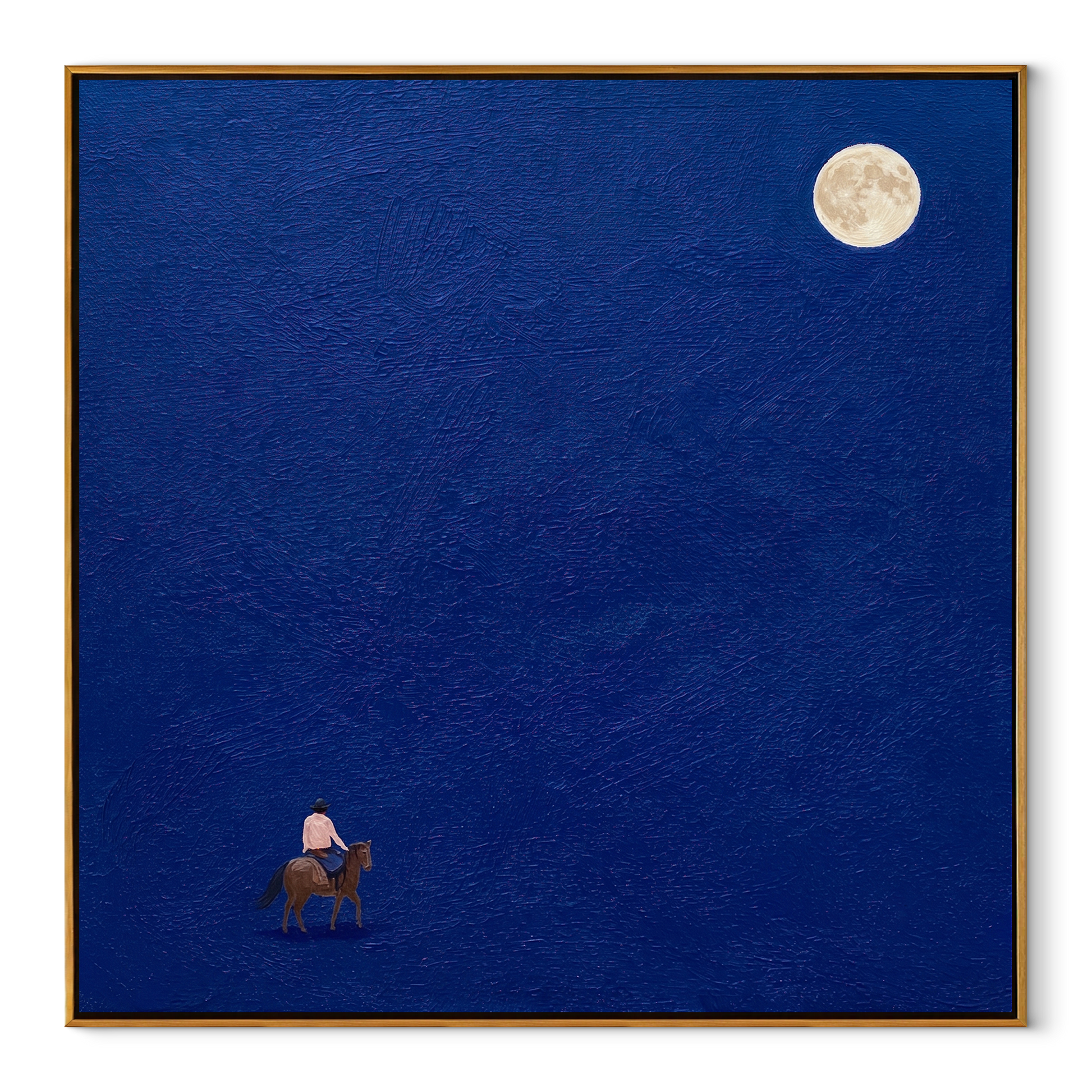 Desert Rhythm Guard the Silence - symbolic horse and rider painting by Isabelle Laurent, modern Western square wall art – wood frame on white background