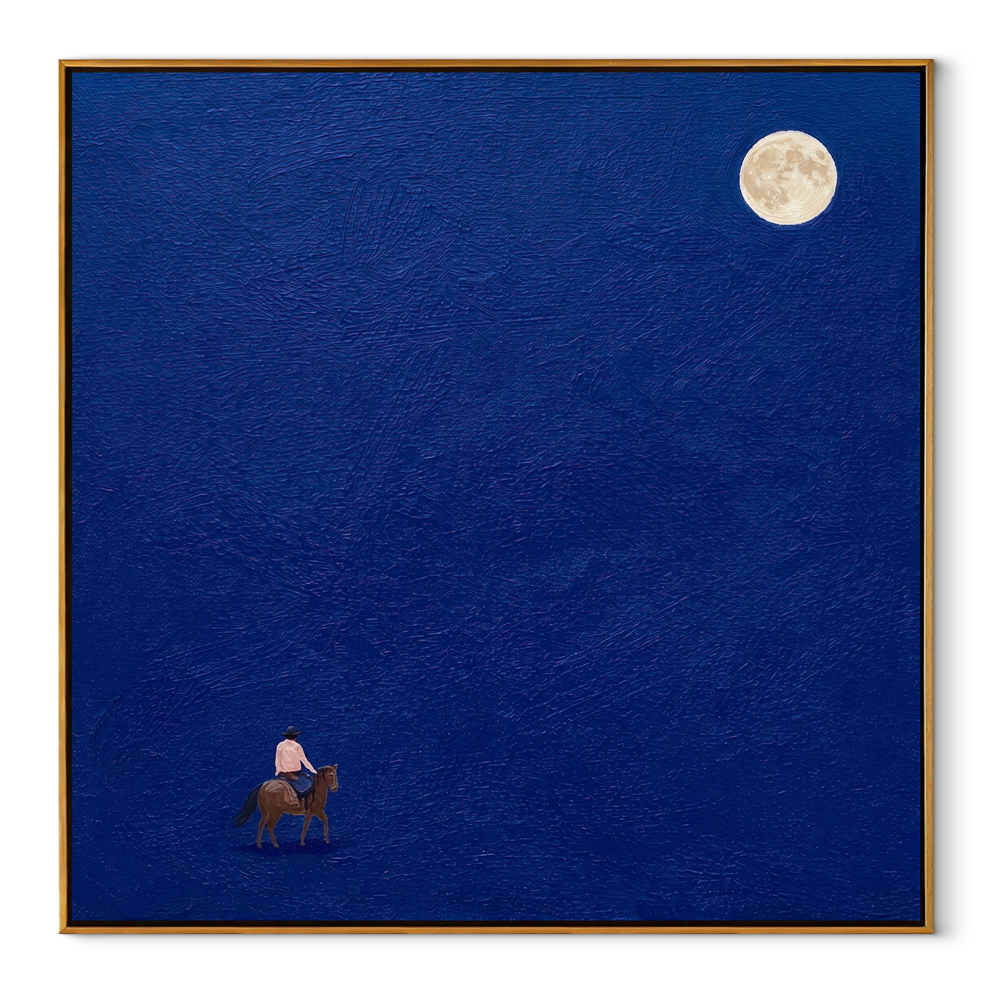 Desert Rhythm Guard the Silence - symbolic horse and rider painting by Isabelle Laurent, modern Western square wall art – wood frame on white background