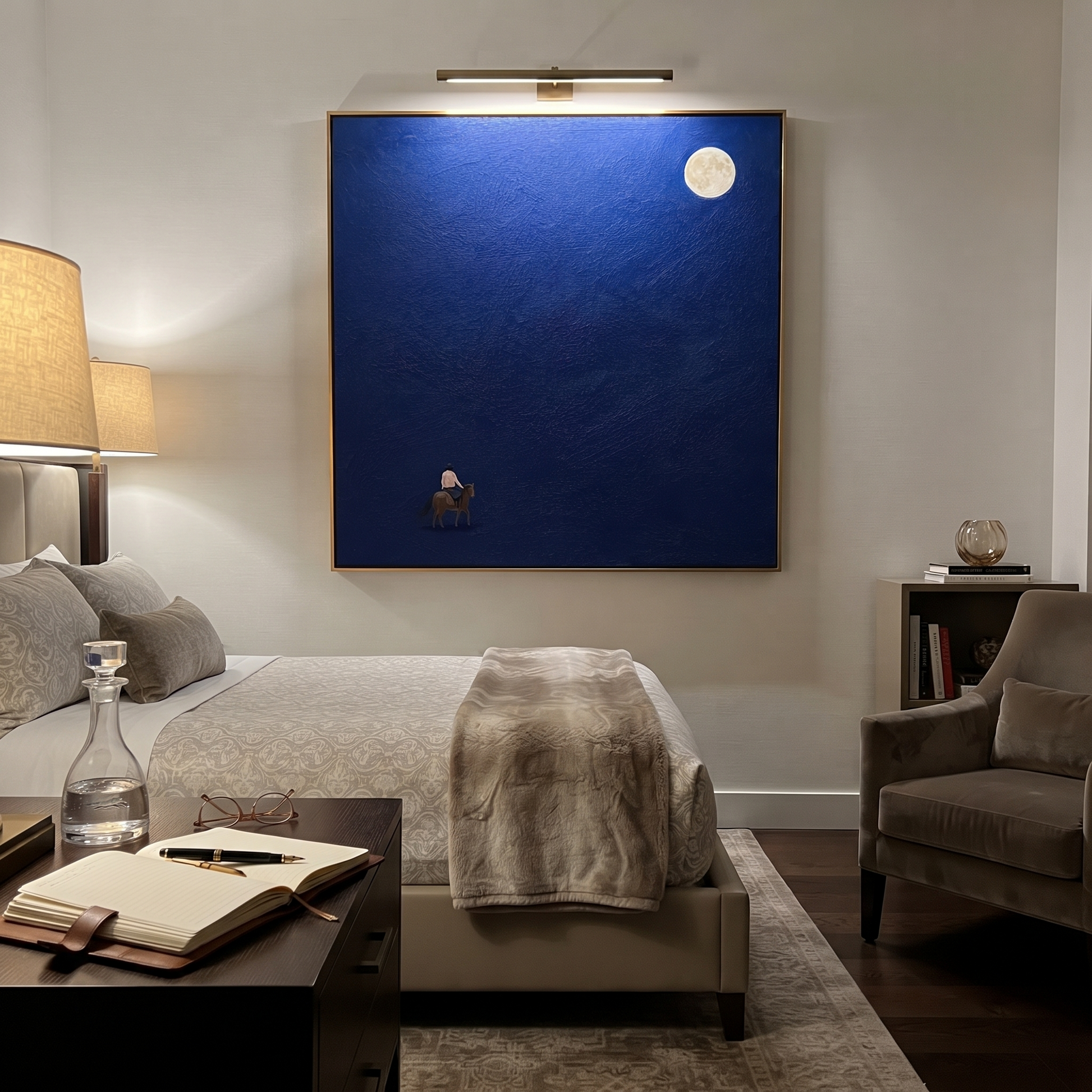 Desert Rhythm Guard the Silence - symbolic horse and rider painting by Isabelle Laurent, modern Western square wall art – styled room scene view 2