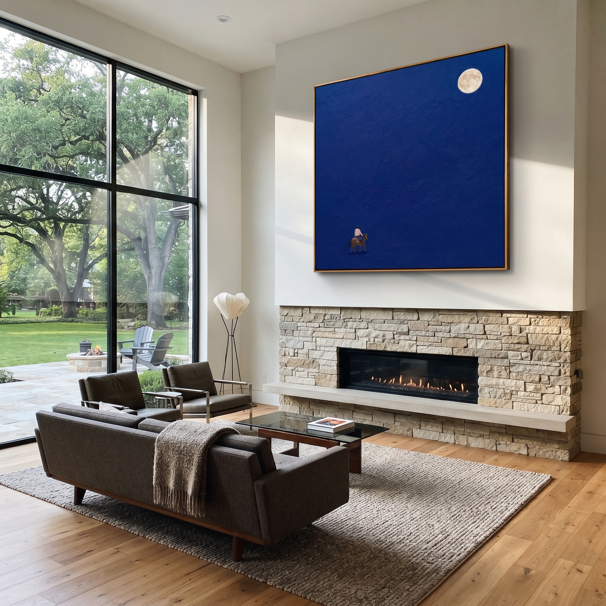 Desert Rhythm Guard the Silence - symbolic horse and rider painting by Isabelle Laurent, modern Western square wall art – styled room scene view 3