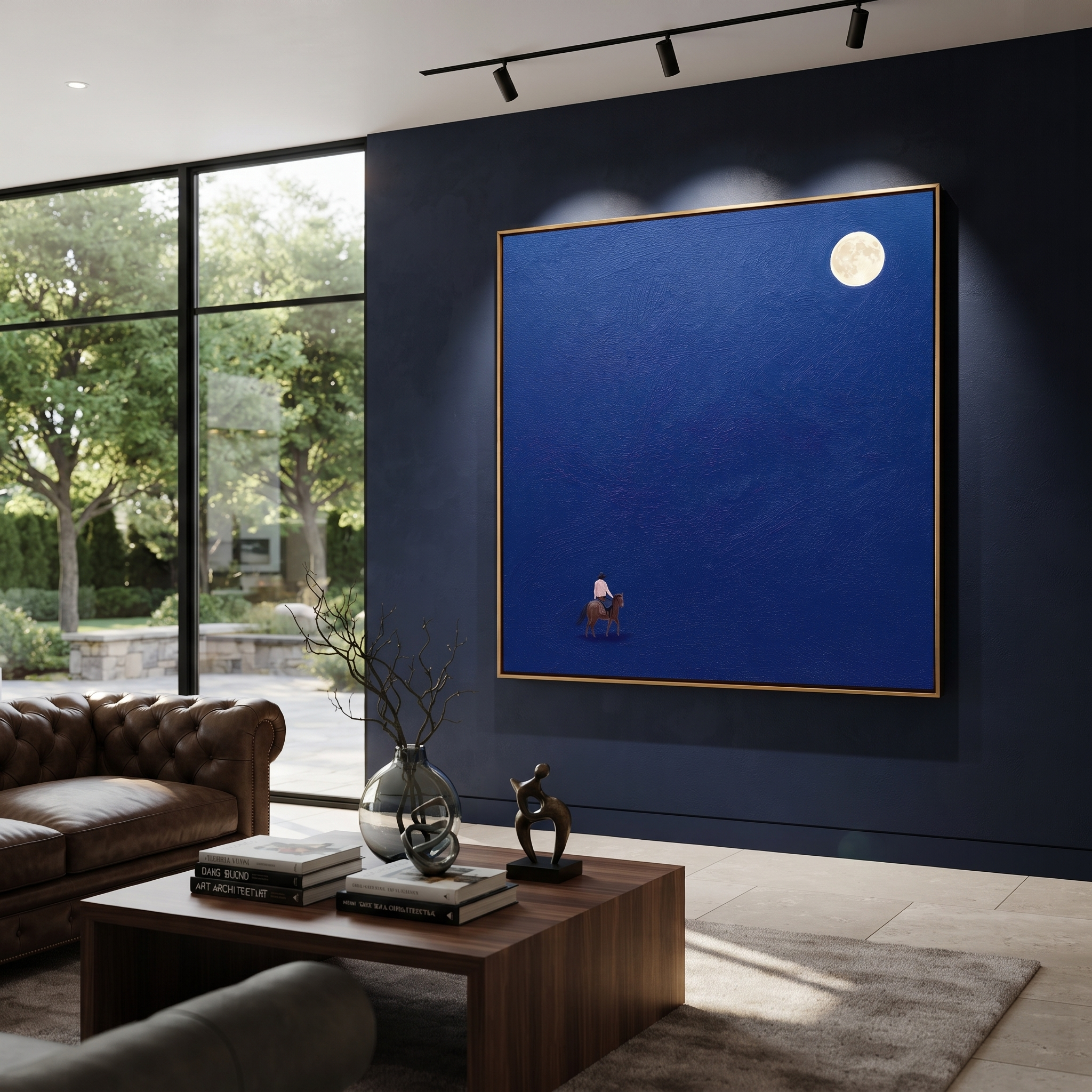 Desert Rhythm Guard the Silence - symbolic horse and rider painting by Isabelle Laurent, modern Western square wall art – styled room scene view 4
