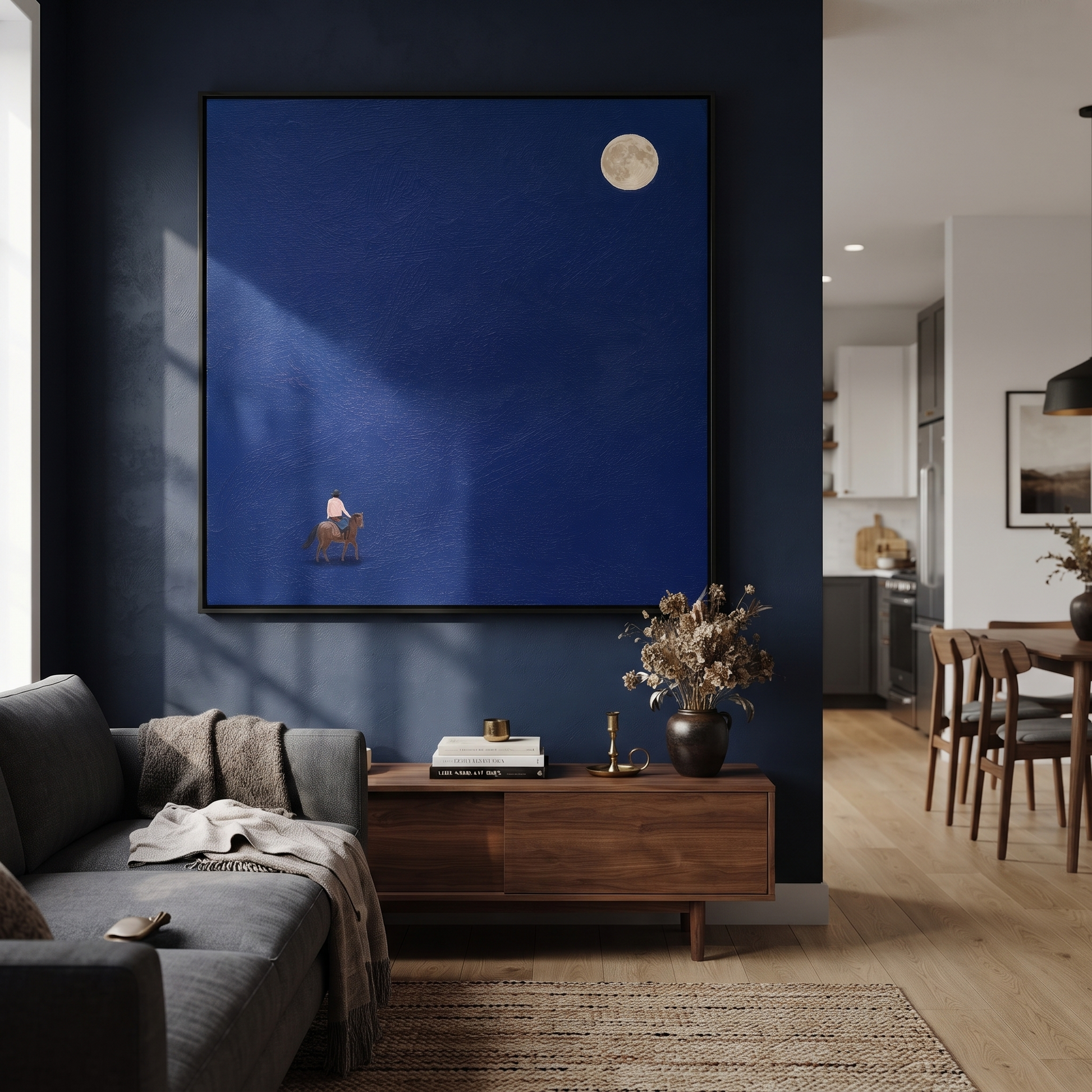 Desert Rhythm Guard the Silence - symbolic horse and rider painting by Isabelle Laurent, modern Western square wall art – styled room scene view 5
