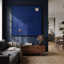 Desert Rhythm Guard the Silence - symbolic horse and rider painting by Isabelle Laurent, modern Western square wall art – styled room scene view 5