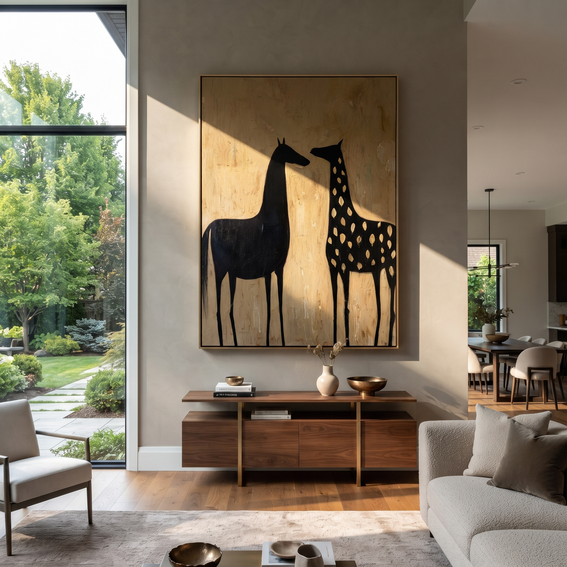 Moonlit Horse Guard the Silence - two horse painting by Isabelle Laurent, modern Western vertical wall art – styled room scene view 1