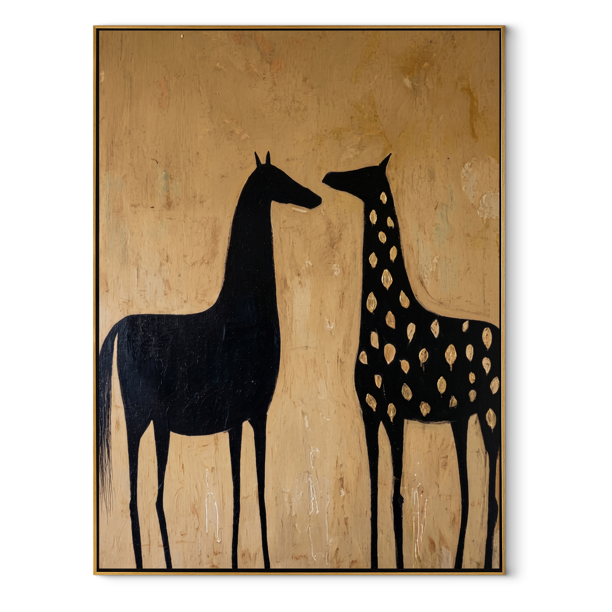 Moonlit Horse Guard the Silence - two horse painting by Isabelle Laurent, modern Western vertical wall art – wood frame on white background