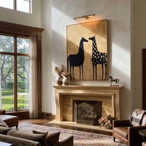Moonlit Horse Guard the Silence - two horse painting by Isabelle Laurent, modern Western vertical wall art – styled room scene view 2