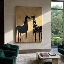 Moonlit Horse Guard the Silence - two horse painting by Isabelle Laurent, modern Western vertical wall art – styled room scene view 3
