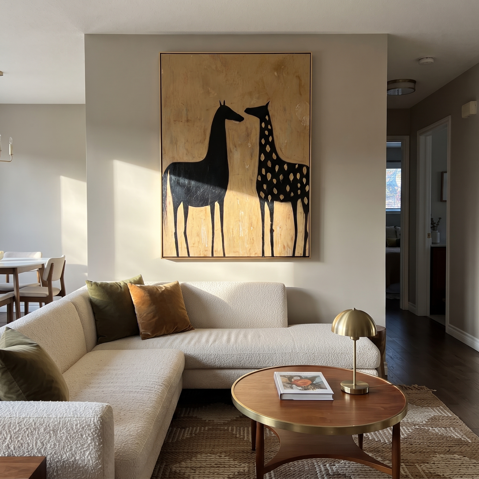 Moonlit Horse Guard the Silence - two horse painting by Isabelle Laurent, modern Western vertical wall art – styled room scene view 4